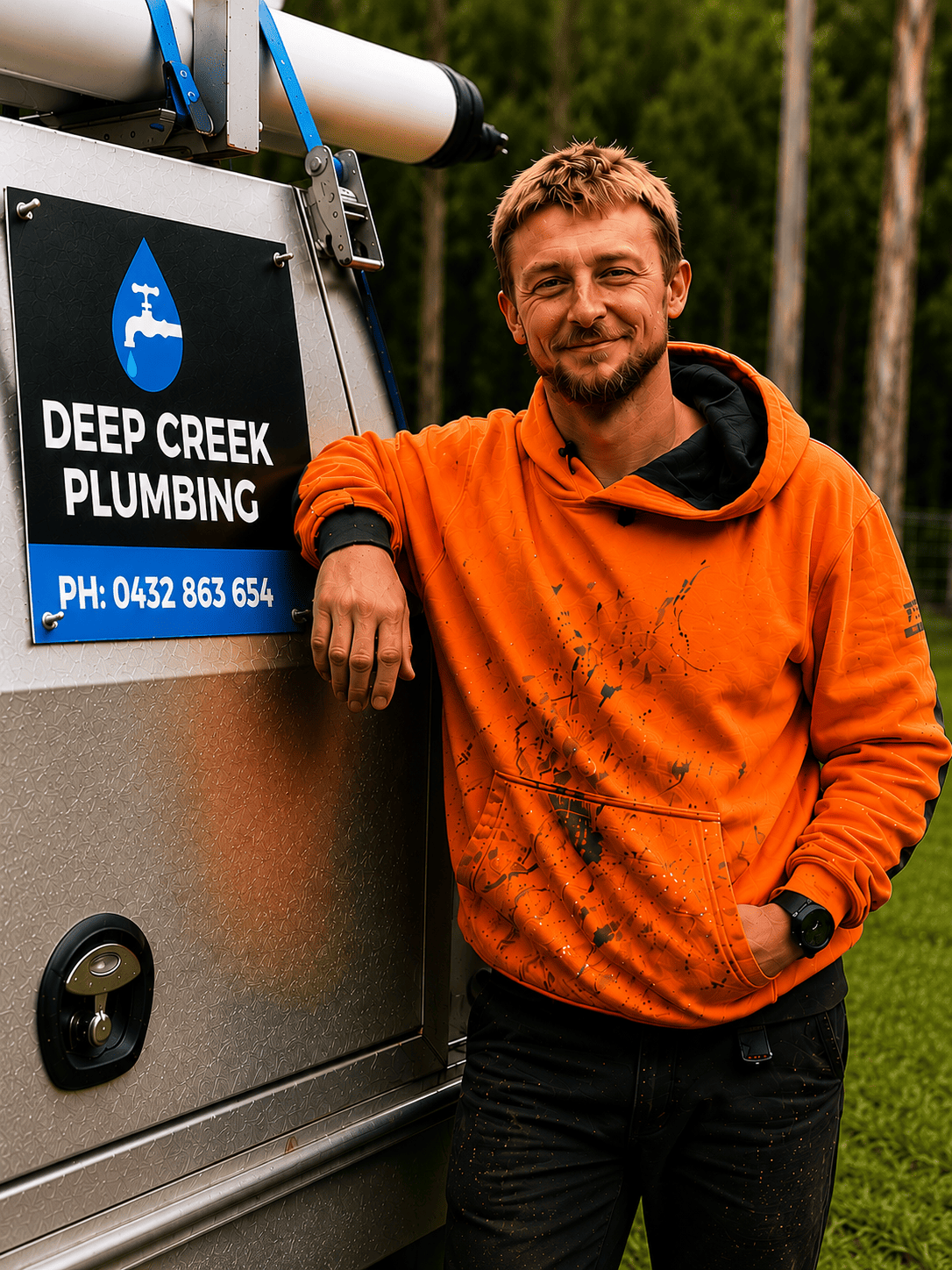 Bryce from Deep Creek Plumbing beside the work ute